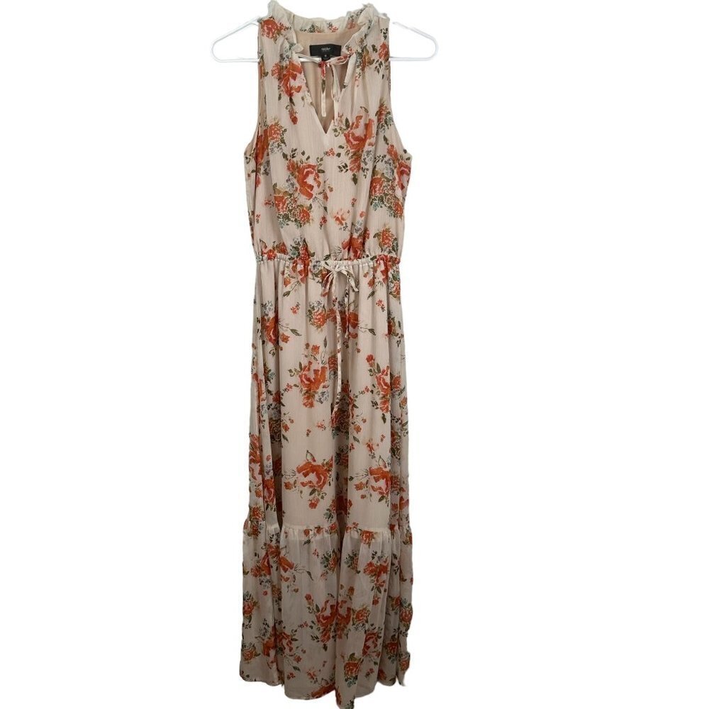 Mossimo Floral Sleeveless Maxi Dress Cream Orange Tiered Ruffle Neck Small